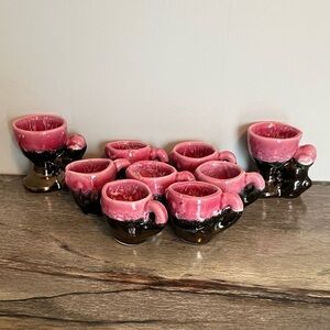 Vintage Vallauris Hand Painted Drip Glazed Egg Cups & 7 espresso mini shot cups